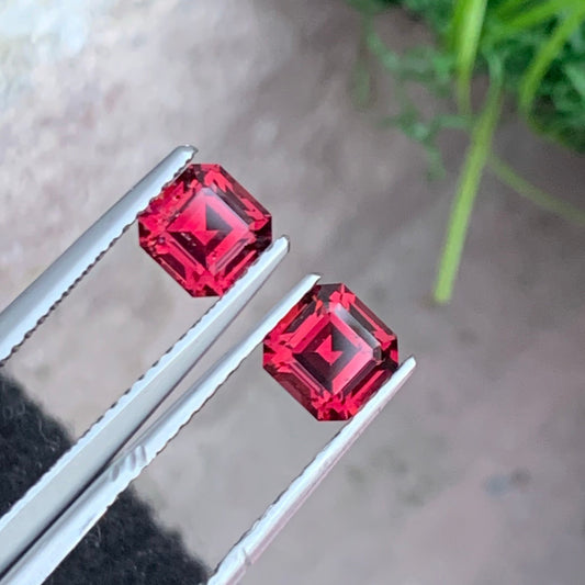 1.85 Carats Rhodolite Garnet Pair for Earrings, Red Gemstone Pair Emerald Cut