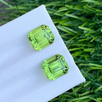 Loose Green Peridot Pair for Earrings, Emerald Cut 7.35 Carats