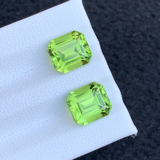 Loose Green Peridot Pair for Earrings, Emerald Cut 7.35 Carats