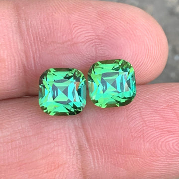 6.66 Carats Luminous Bluish Green Tourmaline Pair, Cushion Cut from Afghanistan, Gemstone for Earrings