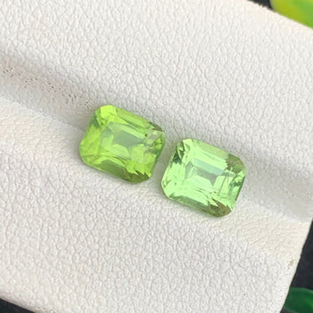 3.00 Carats Natural Green Peridot Pair with a little difference in color, Cushion Cut for Earrings