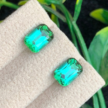 3.34 Carats Faceted Bluish Green Tourmaline Pair with opulent Shine, Cushion Cut from Afghanistan