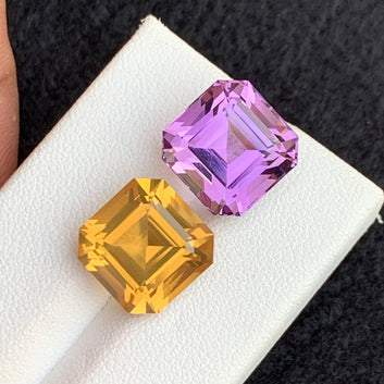 Citrine and Amethyst Pair for Jewelry, Asscher Cut 17.45 Cts