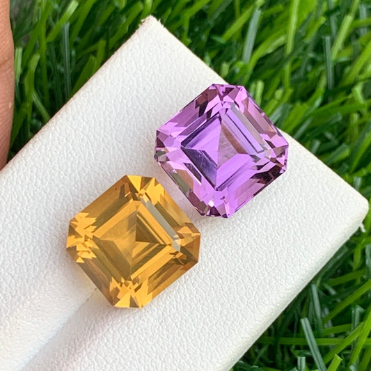 Citrine and Amethyst Pair for Jewelry, Asscher Cut 17.45 Cts
