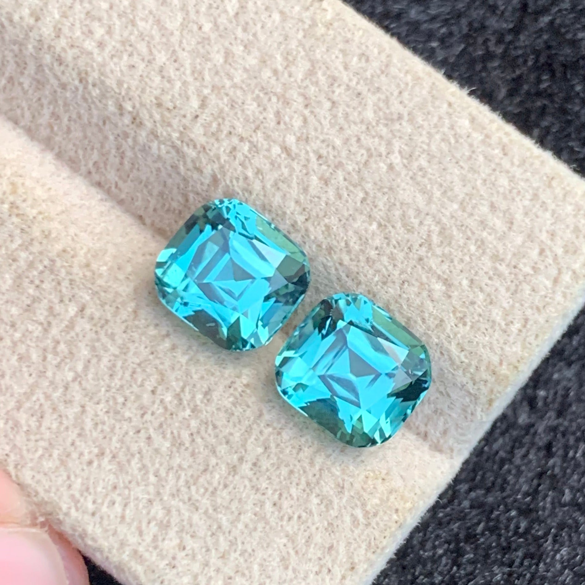 Luxury natural lagoon tourmaline earring stones 5.36 carats
Matching cushion cut lagoon tourmaline gemstones Afghanistan