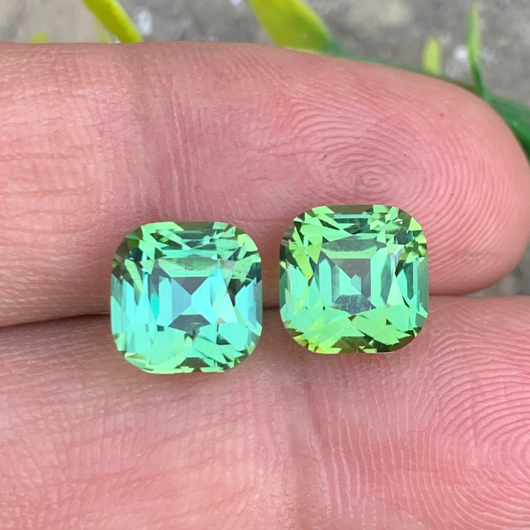 Matching cushion cut green tourmaline gemstones
Premium Afghan apple green tourmaline pair
