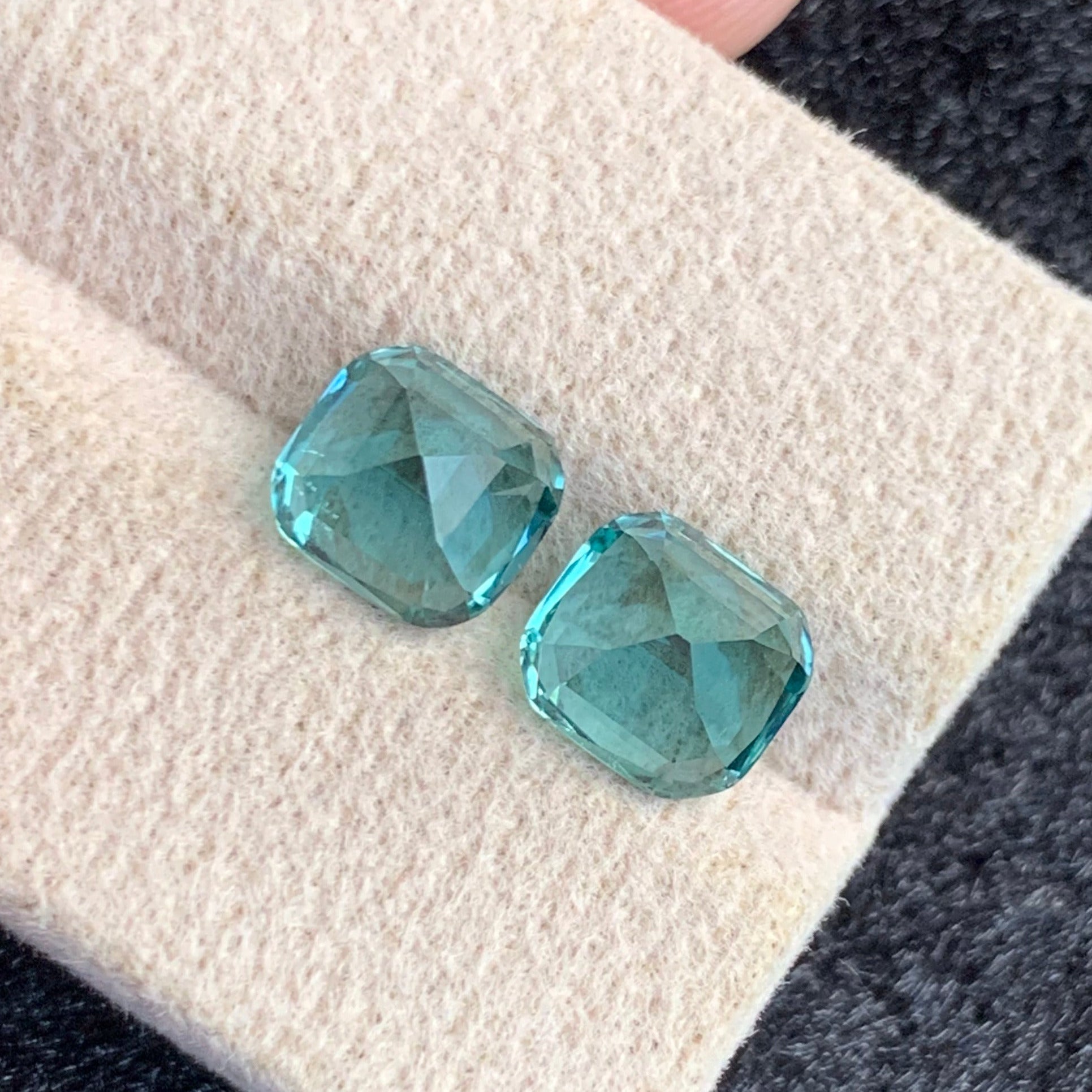 Natural Afghan lagoon tourmaline earrings gemstones
VVS clarity lagoon tourmaline cushion cut pair OneStep Gems