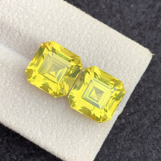 Lemon Quartz Gmstone
Lemon Quartz Jwelry
Natural lemon quartz pair 14.45 carat cushion cut gemstones
Lemon quartz matched pair from Brazil, top view