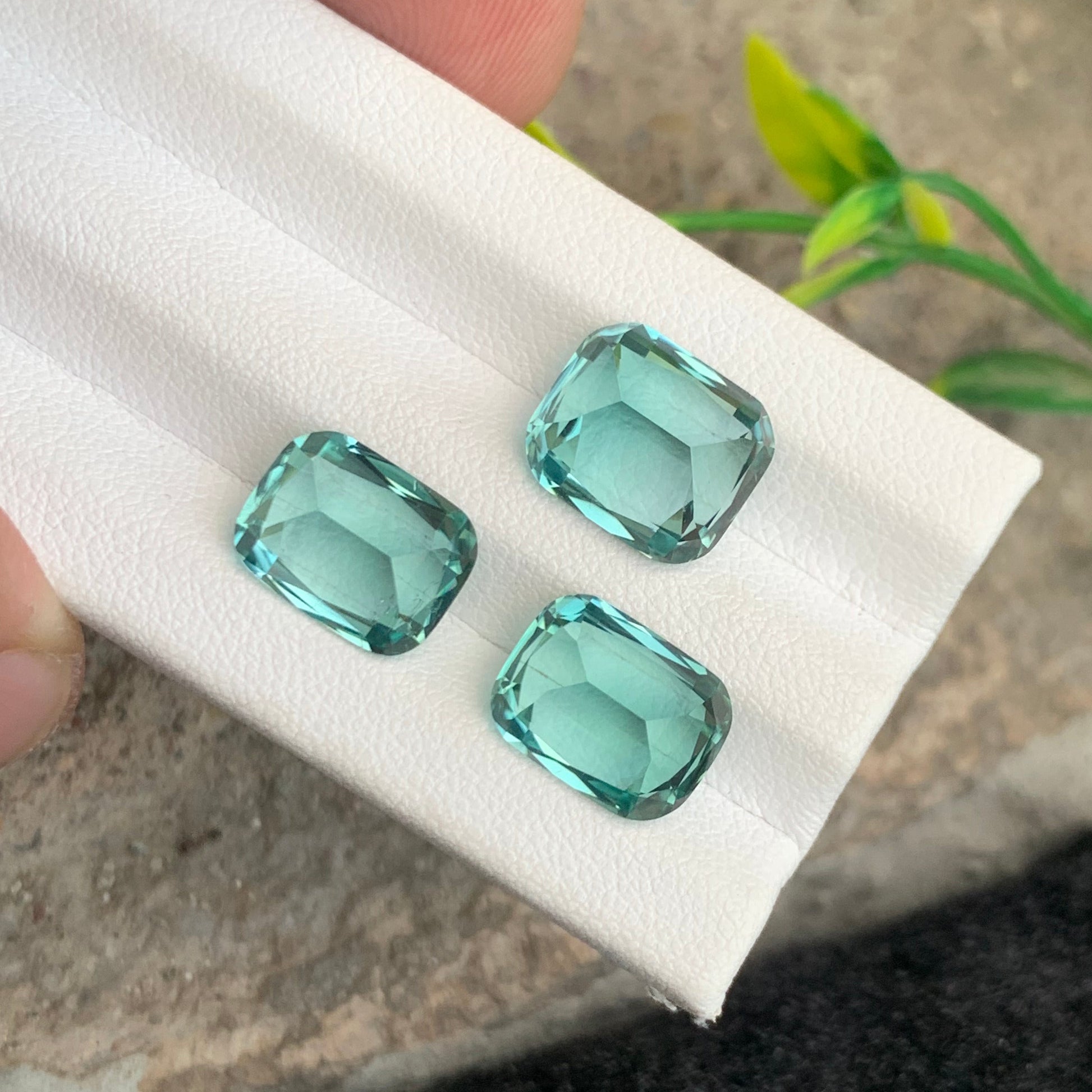 Natural seafoam tourmaline collection with three cushion cut gemstones
Premium Afghan seafoam tourmaline set with VVS clarity