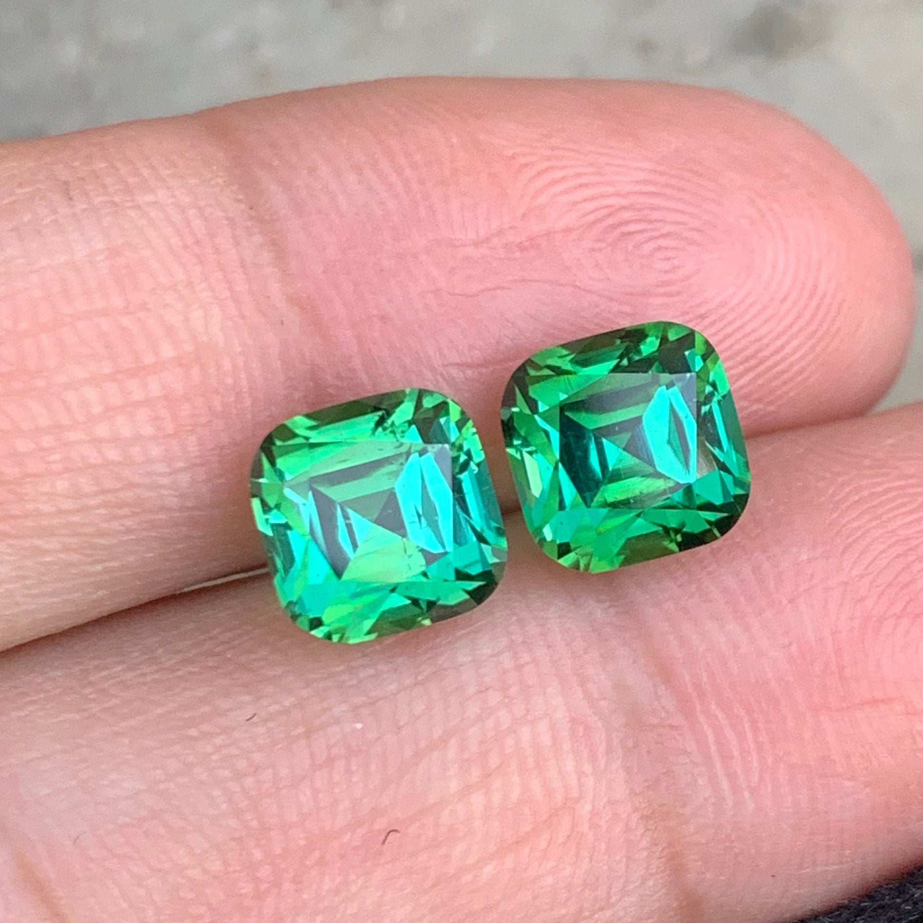 Natural untreated bluish green tourmaline pair Afghanistan
Matching cushion cut tourmaline gemstone pair