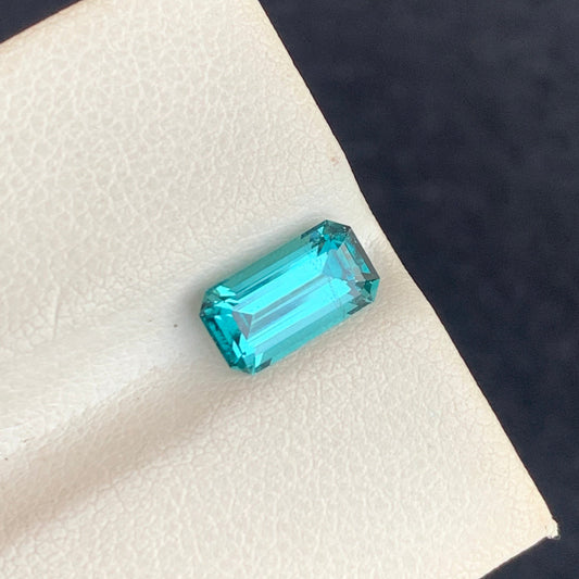 Neon Blue Gemstone
Neon Blue Tourmaline Gemstone – 1.25 Carat Emerald Cut Front View