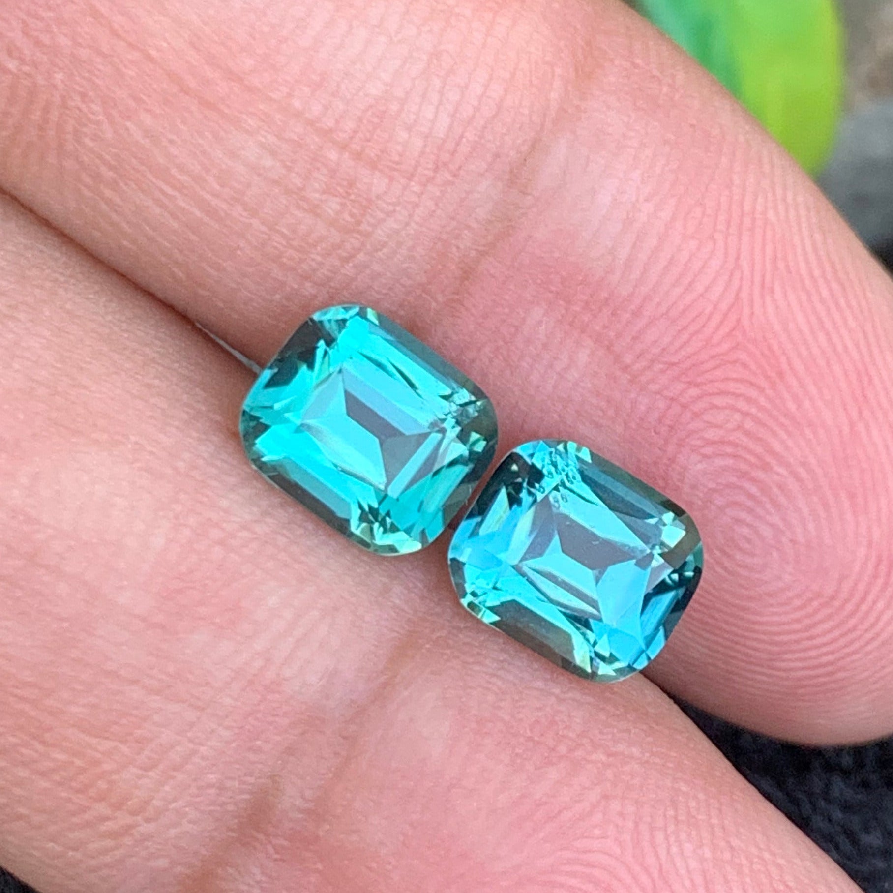 OneStep Gems natural Lagoon Tourmaline pair for earrings
Matched cushion cut Lagoon Tourmaline gemstones with loupe clean clarity
