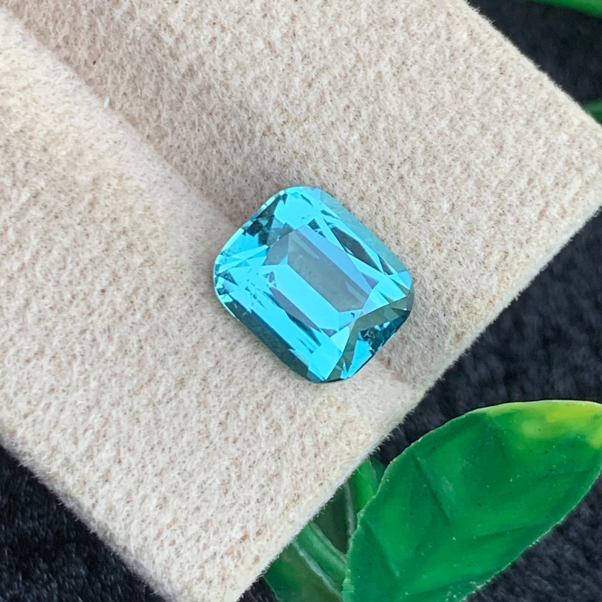 Premium Lagoon Tourmaline gemstone with tropical blue green color
3.12 carat cushion cut Lagoon Tourmaline for custom jewelry