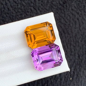 Reverse Amethyst Citrine Pair 24.35 Carats Emerald Cut