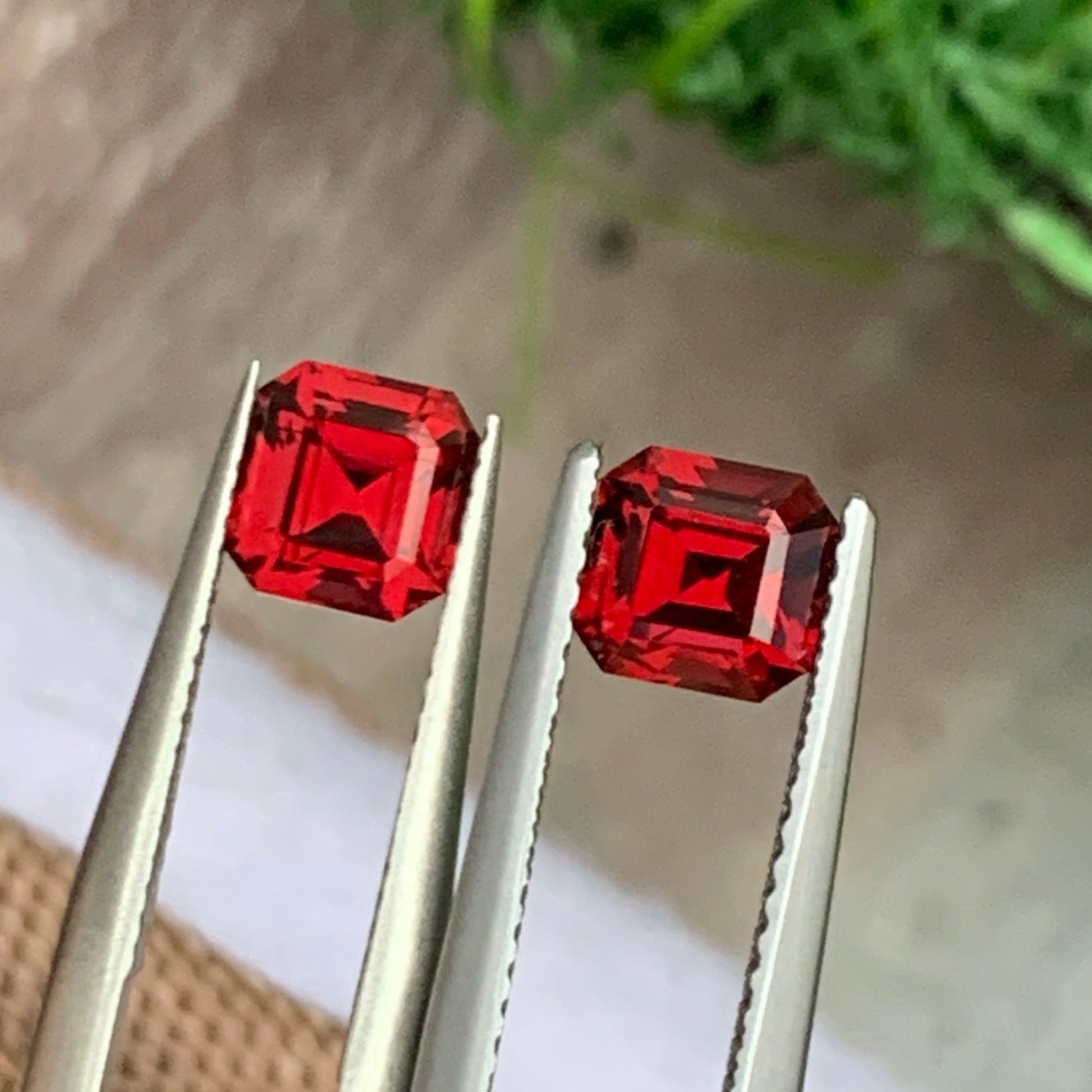 red Garnet earring pair
Rhodolite Garnet 2.25 Carats Emerald Cut Pair