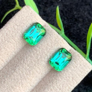 3.29 Carats Faceted Bluish Green Tourmaline Pair with opulent Shine, Cushion Shape