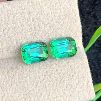 3.29 Carats Faceted Bluish Green Tourmaline Pair with opulent Shine, Cushion Shape