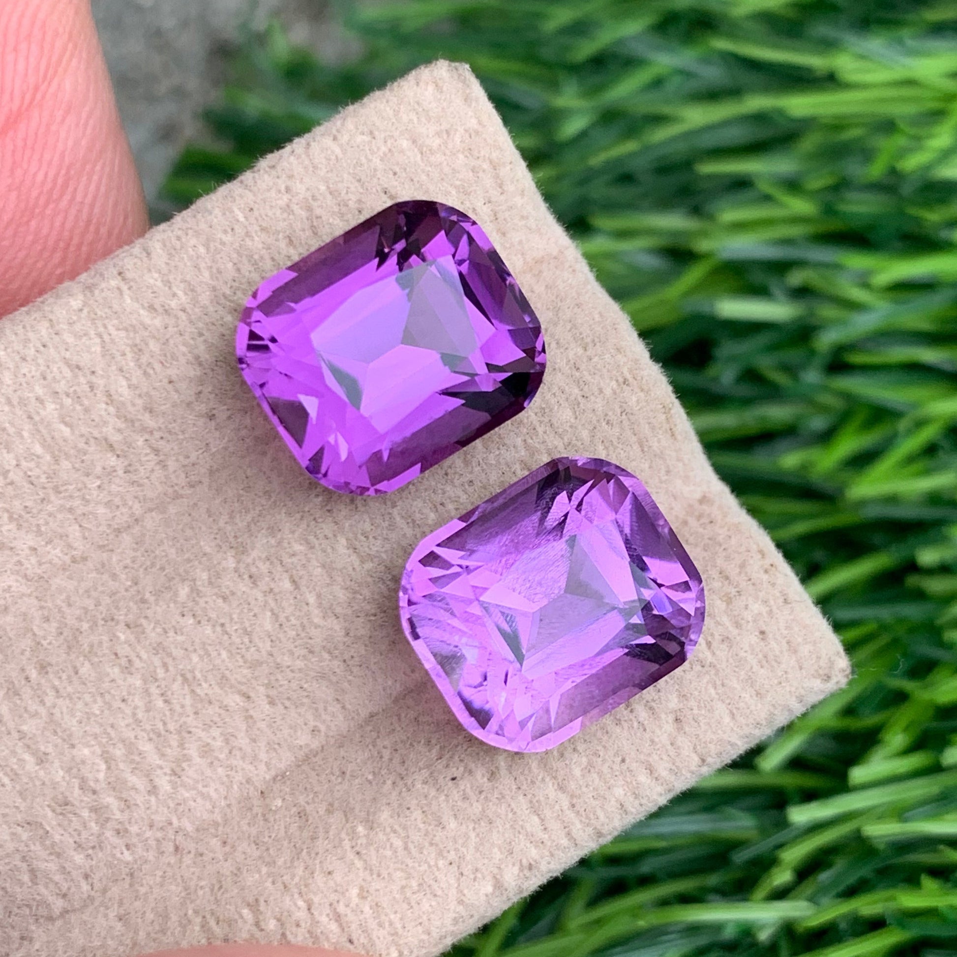 brazil amethyst gemstone pair for earrings
faceted amethyst stones blush violet tones
natural amethyst cushion cut matching gemstones