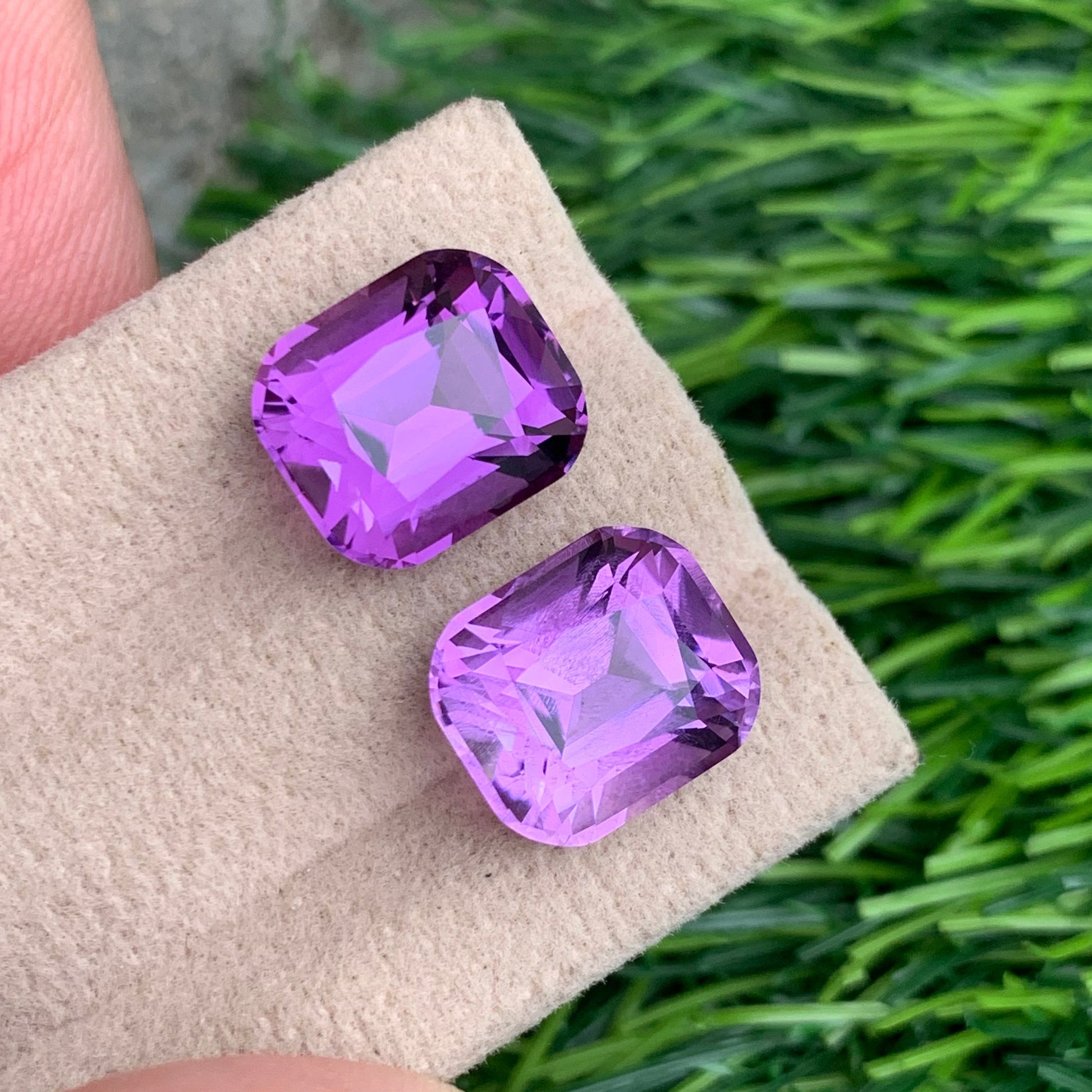 Pink Purple Amethyst pair
Pink Purple Amethyst earrings
cushion cut amethyst stones matching pair jewelry
pink purple amethyst gemstones high clarity pair