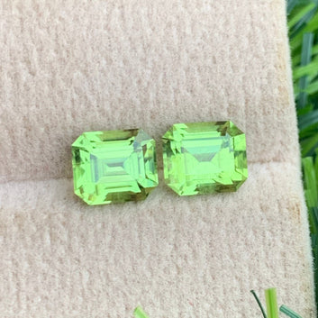 emerald cut green peridot pair loose gemstones close view
natural peridot pair 3 carat jewelry stones for earrings
