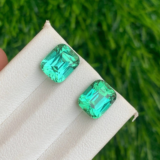 Green Tourmaline Earrings Pair - 6.75 Carat Cushion Cut Bluish Green Stones