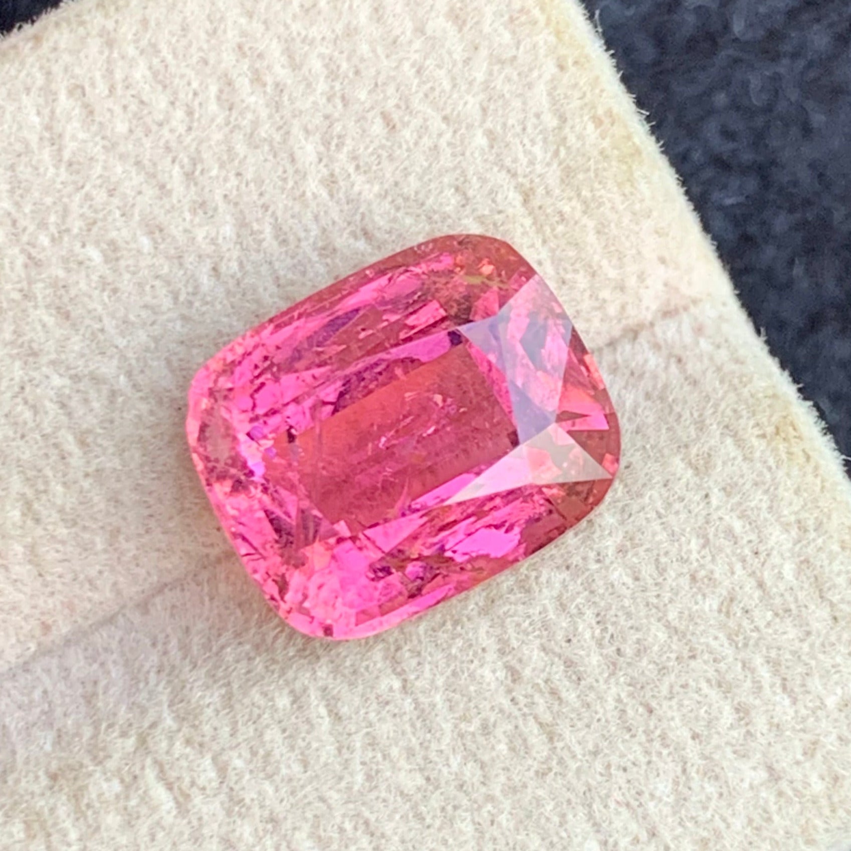 Pink Rubellite Tourmaline ring
natural rubellite tourmaline afghanistan 5.55 carats
cushion cut rubellite tourmaline close up