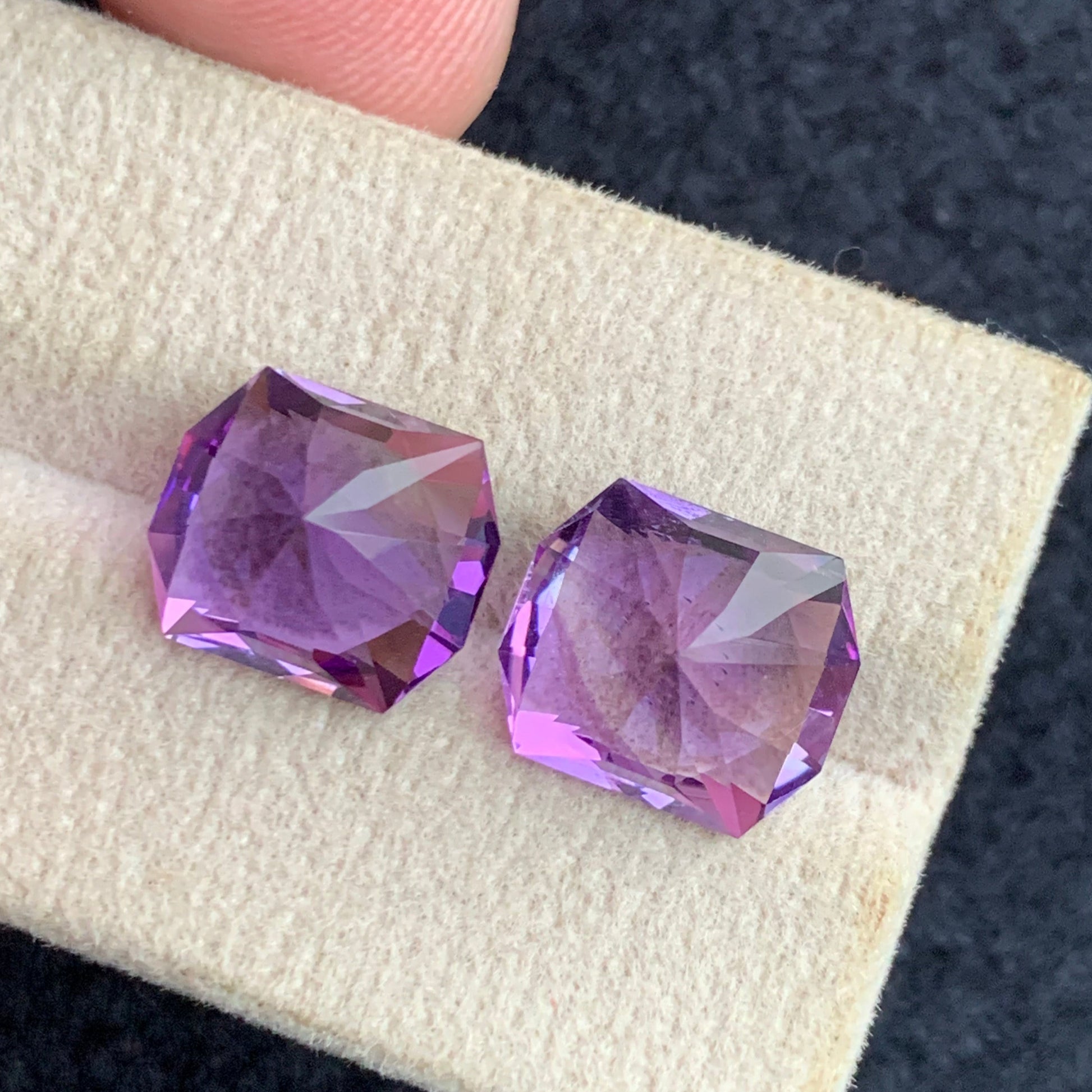 pink purple amethyst pair fancy shape loose gemstones close view
natural amethyst 11 carat matched pair for jewelry design