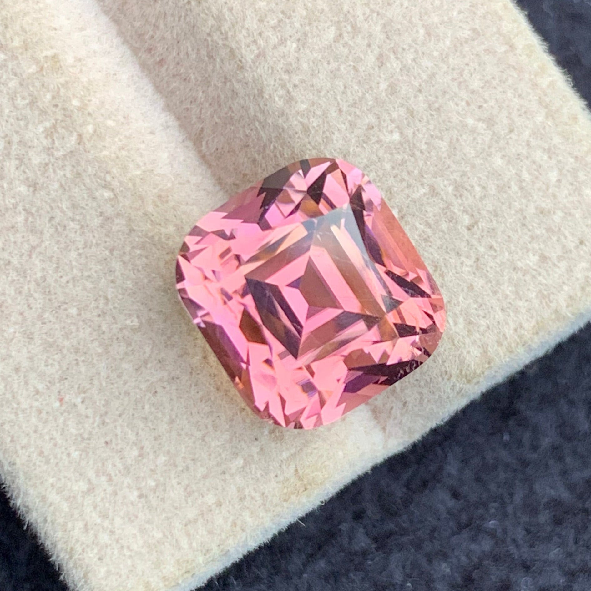 pink tourmaline 8.05 carats loose gemstone
cushion cut pink tourmaline close up
