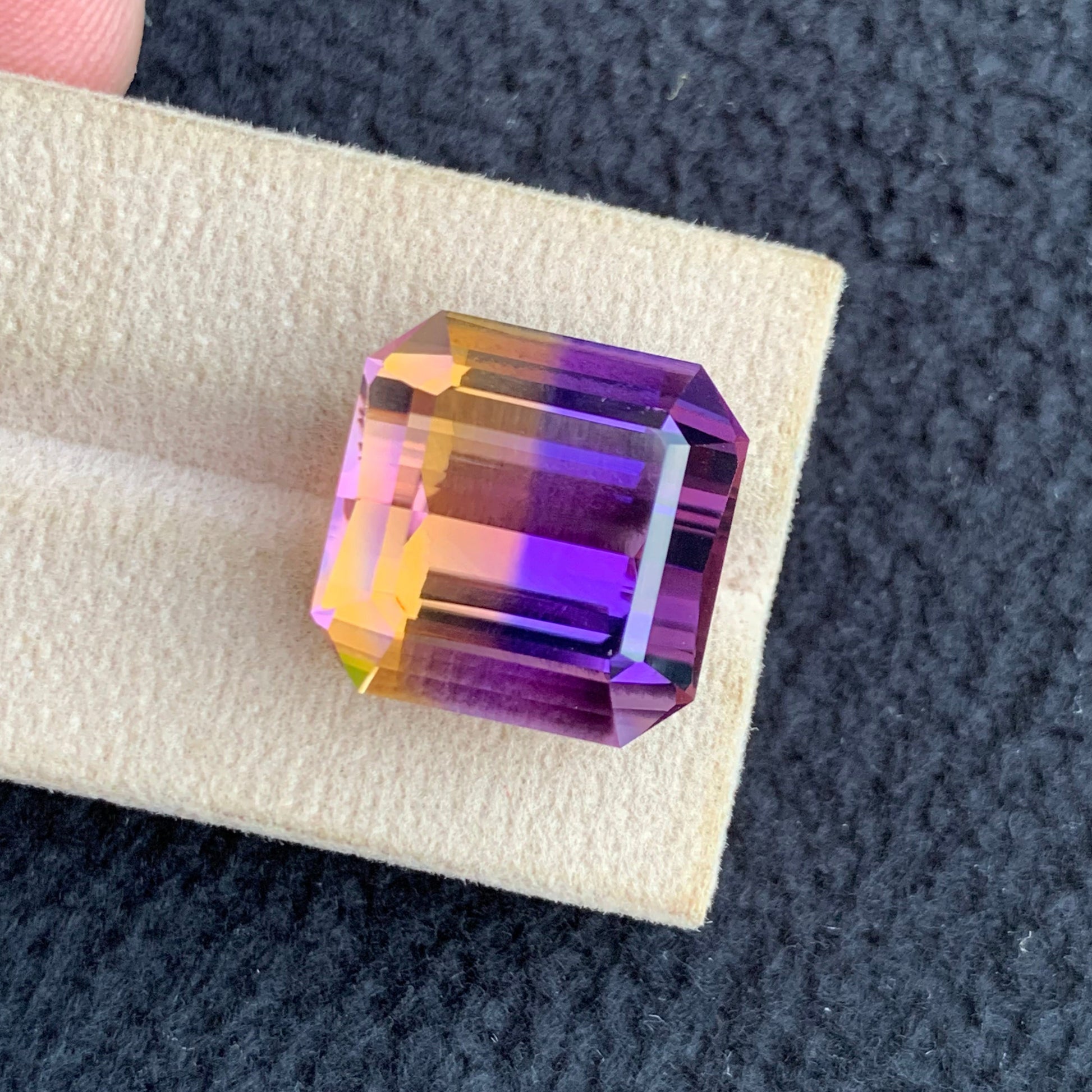 premium bi color ametrine close up
luxury Asscher cut ametrine loose stone